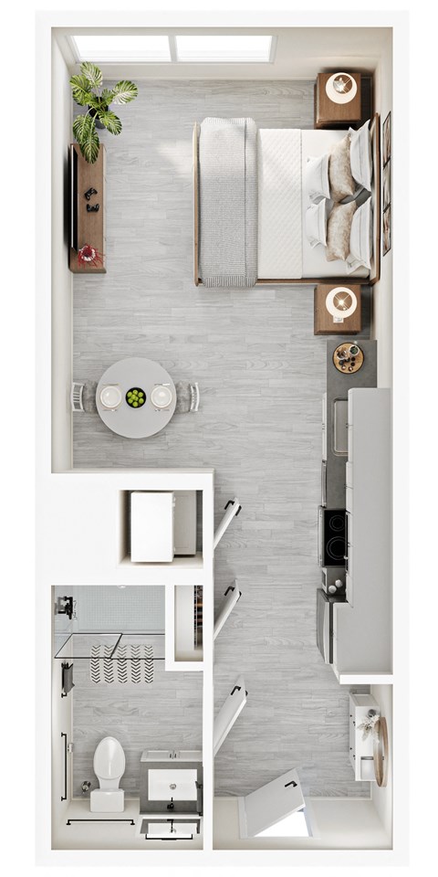 a floor plan of a small apartment with a bathroom and a bedroom